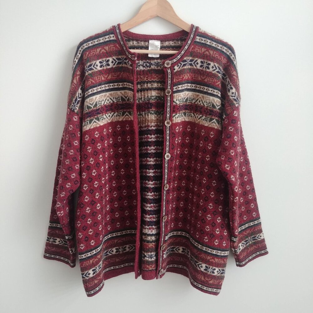 Vintage made in Canada wool blend Large roomy cardigan sweater red patterned